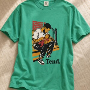 Tend Father and Baby Brownstone Stoop T-Shirt Bold Comic Illustration Fatherhood Graphic Tee Black Dad Gift 画像 15