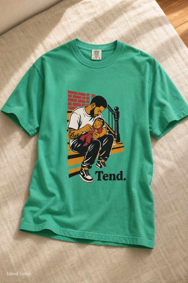 Tend Father and Baby Brownstone Stoop T-Shirt Bold Comic Illustration Fatherhood Graphic Tee Black Dad Gift 画像 15