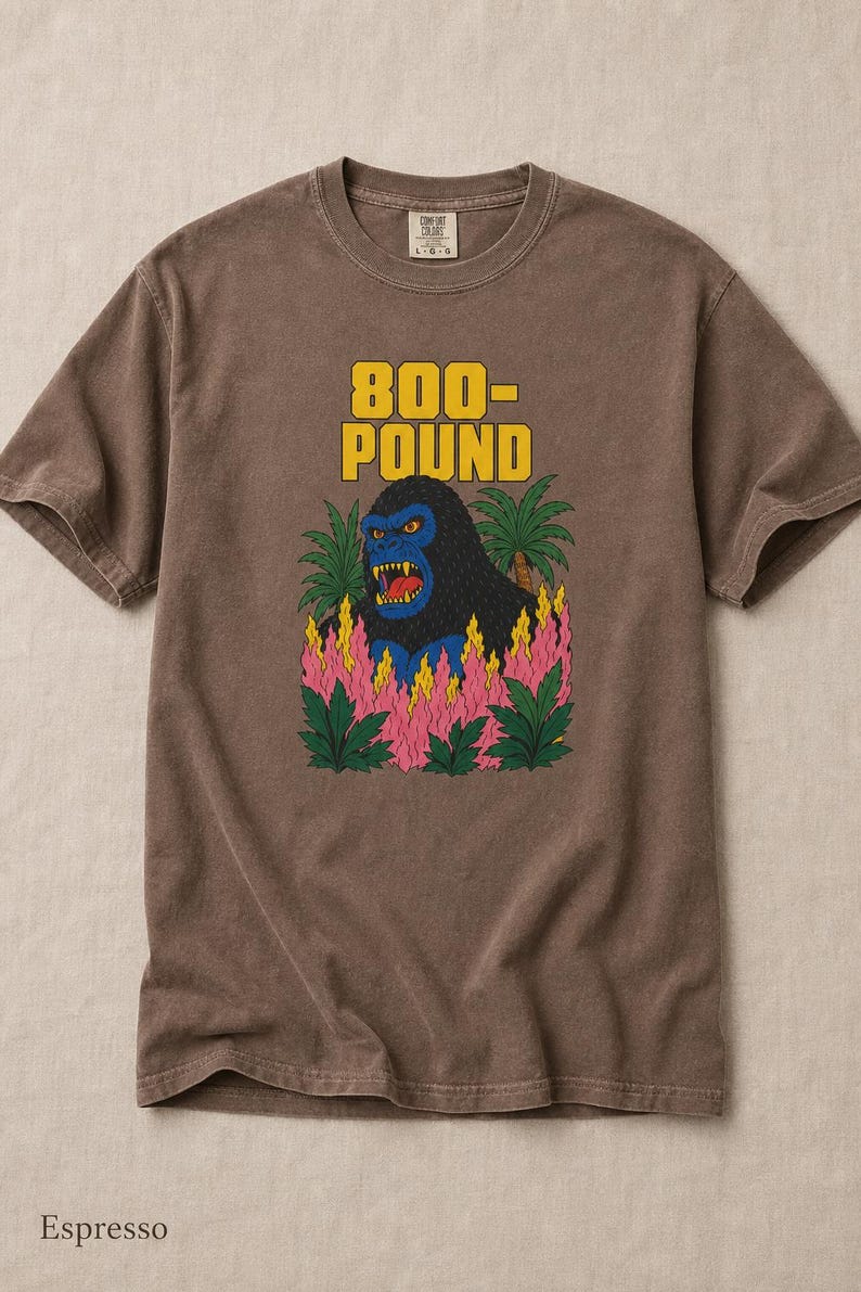 800-Pound Gorilla T-Shirt Pulp Poster Kaiju Tee Bold Flat Color Screenprint Style Roaring Ape Palm Trees Graphic Tee image 17