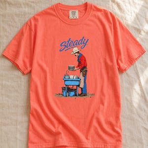 Steady Cowboy Washing Dishes T-Shirt, Mustached Ranch Hand at Blue Sink Graphic Tee, Quiet Work Western Shirt image 11
