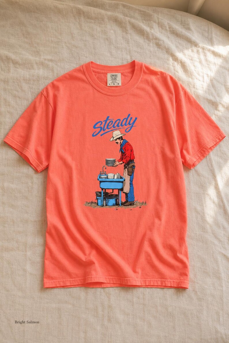 Steady Cowboy Washing Dishes T-Shirt, Mustached Ranch Hand at Blue Sink Graphic Tee, Quiet Work Western Shirt image 11