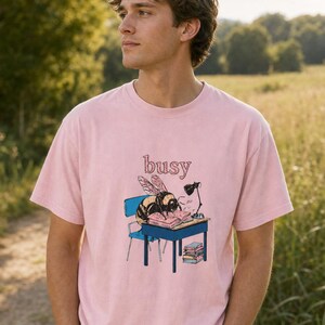 Busy Bee at Desk T-Shirt, Bumblebee Studying Illustration Tee, Bookish Cottagecore Graphic Shirt, Hard Worker Gift image 3