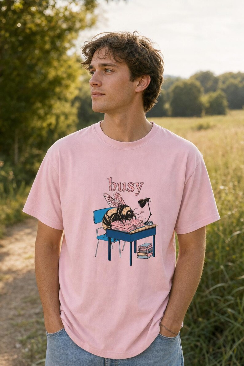 Busy Bee at Desk T-Shirt, Bumblebee Studying Illustration Tee, Bookish Cottagecore Graphic Shirt, Hard Worker Gift image 3