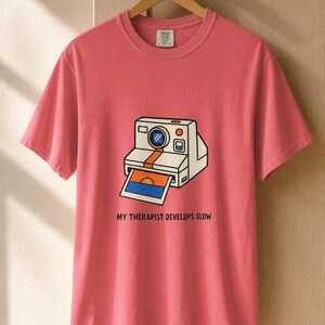 Retro Polaroid Camera T-Shirt, My Therapist Develops Slow, Vintage Instant Photo Tee, Film Photography Graphic Tee, Sunset Print image 14
