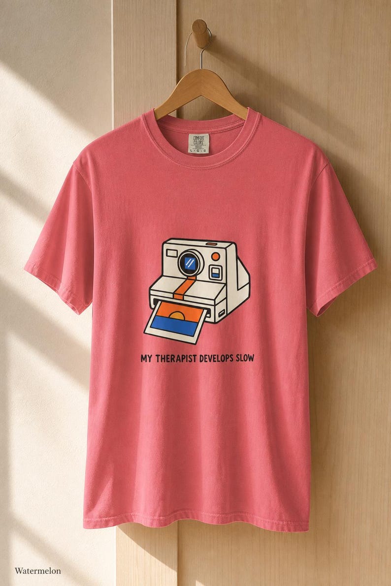 Retro Polaroid Camera T-Shirt, My Therapist Develops Slow, Vintage Instant Photo Tee, Film Photography Graphic Tee, Sunset Print image 14