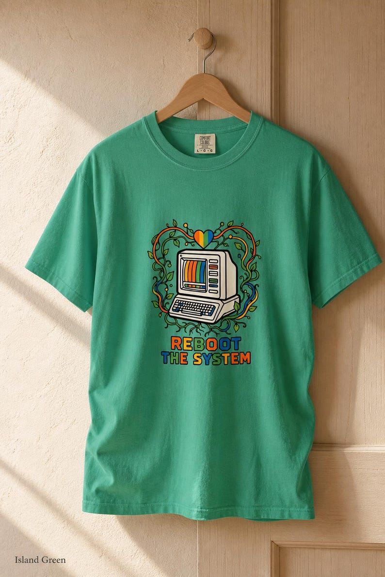 Reboot The System T-Shirt, Retro Computer with Vines and Rainbow Heart Tee, Vintage PC Graphic Cottagecore Tech Shirt image 14