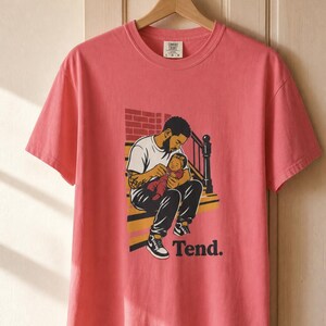 Tend Father and Baby Brownstone Stoop T-Shirt Bold Comic Illustration Fatherhood Graphic Tee Black Dad Gift 画像 16