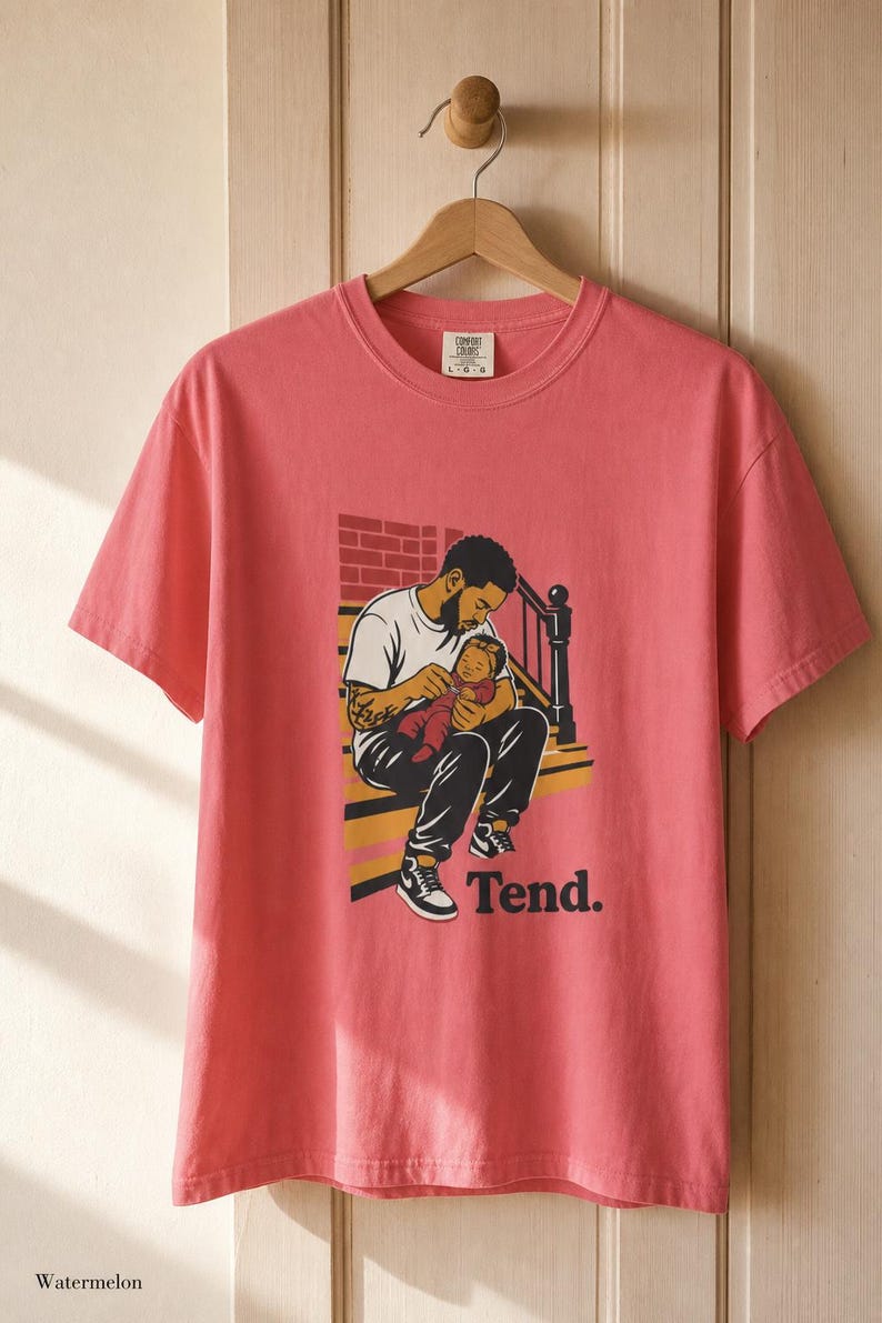 Tend Father and Baby Brownstone Stoop T-Shirt Bold Comic Illustration Fatherhood Graphic Tee Black Dad Gift 画像 16