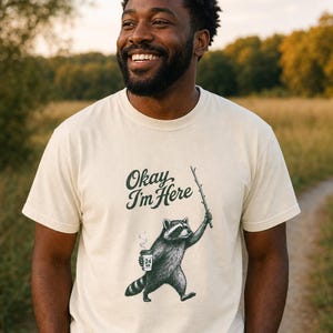 Okay I'm Here Raccoon T-Shirt, Stipple Raccoon with Coffee and Stick Graphic Tee, 24 Hour Gas Station Goblincore Shirt image 2