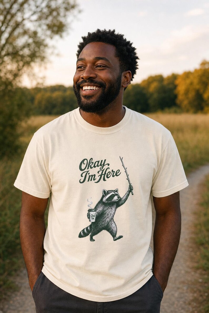 Okay I'm Here Raccoon T-Shirt, Stipple Raccoon with Coffee and Stick Graphic Tee, 24 Hour Gas Station Goblincore Shirt image 2