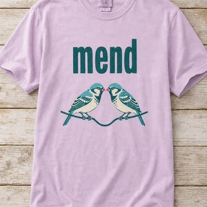 Mend Two Birds T-Shirt Sparrows on a Wire Screenprint Style Tee Quiet Repair Mutual Aid Cottagecore Bird Lover Graphic Tee Bild 18