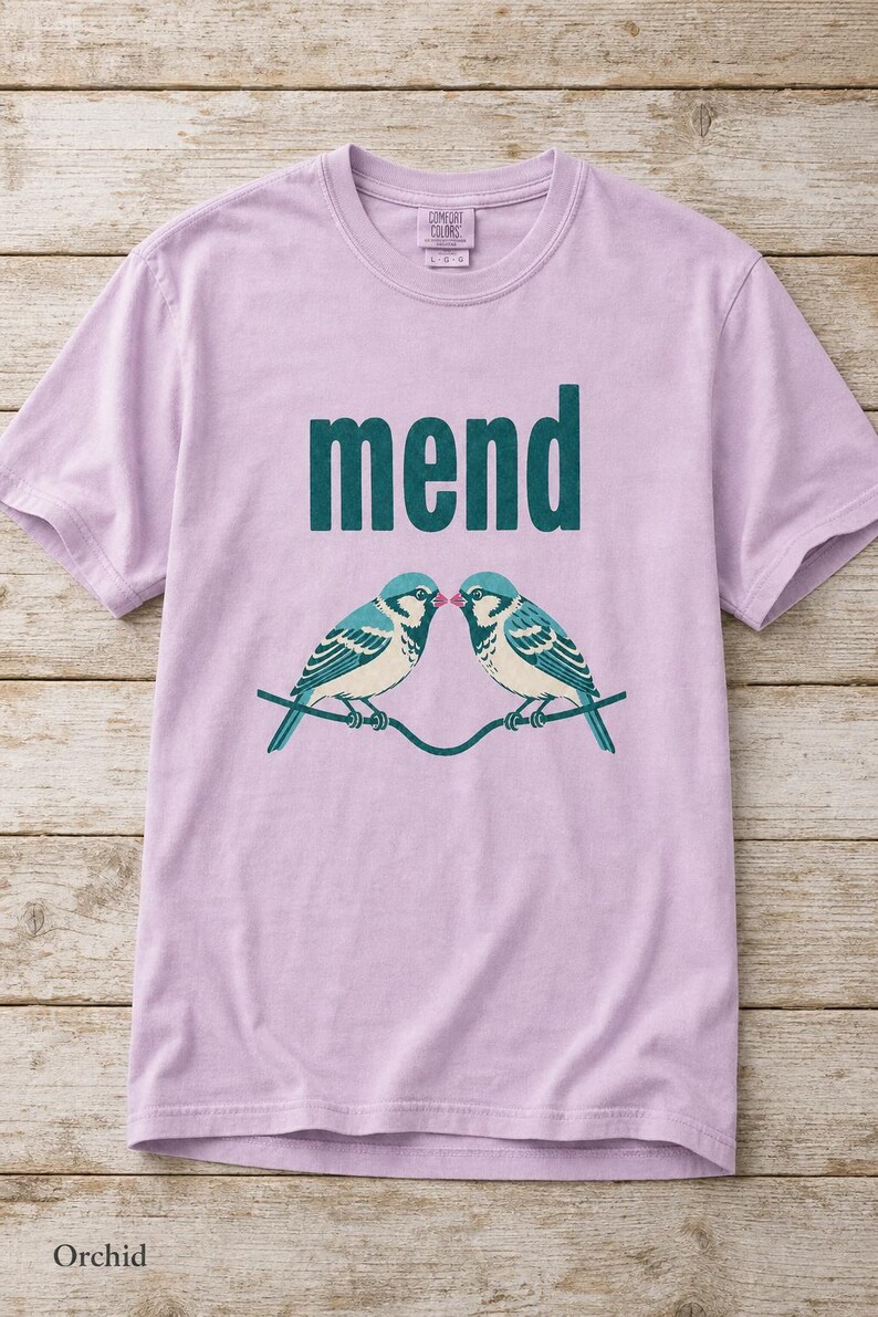 Mend Two Birds T-Shirt Sparrows on a Wire Screenprint Style Tee Quiet Repair Mutual Aid Cottagecore Bird Lover Graphic Tee Bild 18