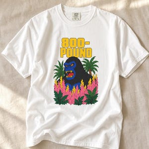 800-Pound Gorilla T-Shirt Pulp Poster Kaiju Tee Bold Flat Color Screenprint Style Roaring Ape Palm Trees Graphic Tee image 4