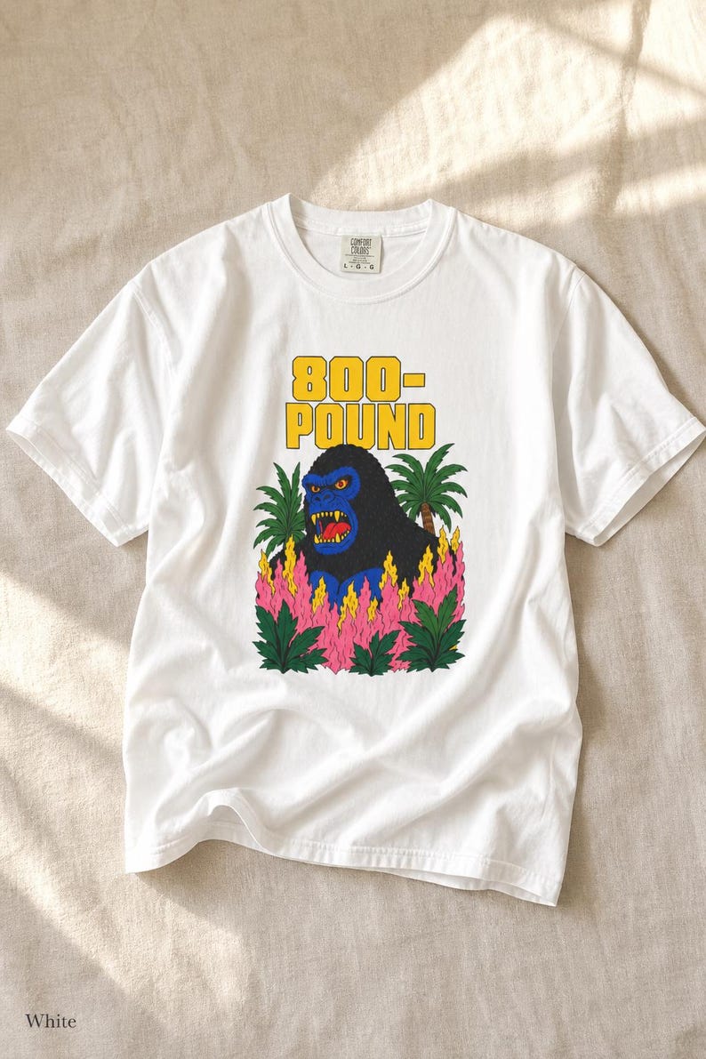800-Pound Gorilla T-Shirt Pulp Poster Kaiju Tee Bold Flat Color Screenprint Style Roaring Ape Palm Trees Graphic Tee image 4