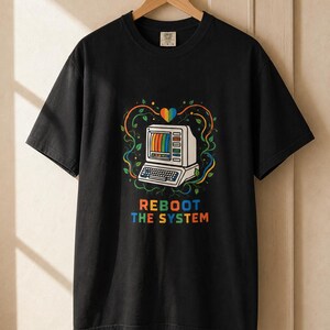 Reboot The System T-Shirt, Retro Computer with Vines and Rainbow Heart Tee, Vintage PC Graphic Cottagecore Tech Shirt image 6