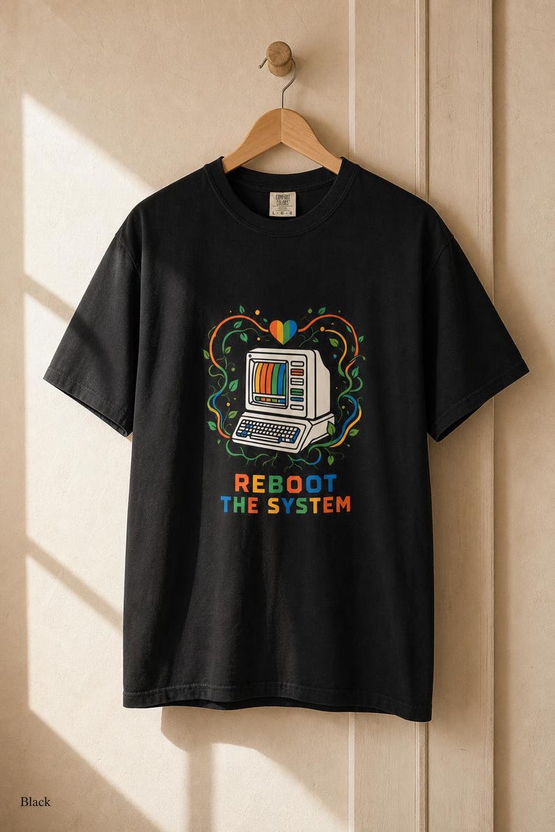 Reboot The System T-Shirt, Retro Computer with Vines and Rainbow Heart Tee, Vintage PC Graphic Cottagecore Tech Shirt image 6