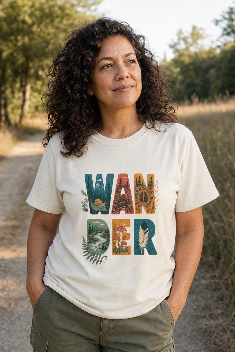 Camiseta con estampado de escenas de la naturaleza, camiseta de senderismo con letras ilustradas en el bosque, camiseta con estampado de piñas, setas y plumas. imagen 2