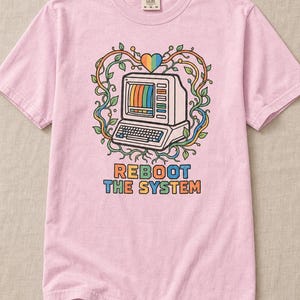 Reboot The System T-Shirt, Retro Computer with Vines and Rainbow Heart Tee, Vintage PC Graphic Cottagecore Tech Shirt image 8