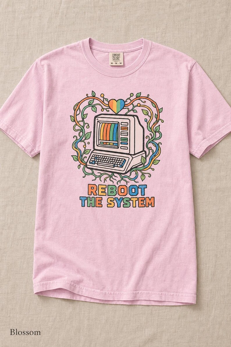 Reboot The System T-Shirt, Retro Computer with Vines and Rainbow Heart Tee, Vintage PC Graphic Cottagecore Tech Shirt image 8