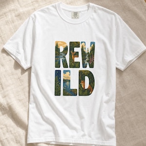 Camiseta con escena de naturaleza salvaje, camiseta con letras ilustradas con ciervo, zorro, bosque y río, camiseta de senderismo estilo cottagecore. imagen 4