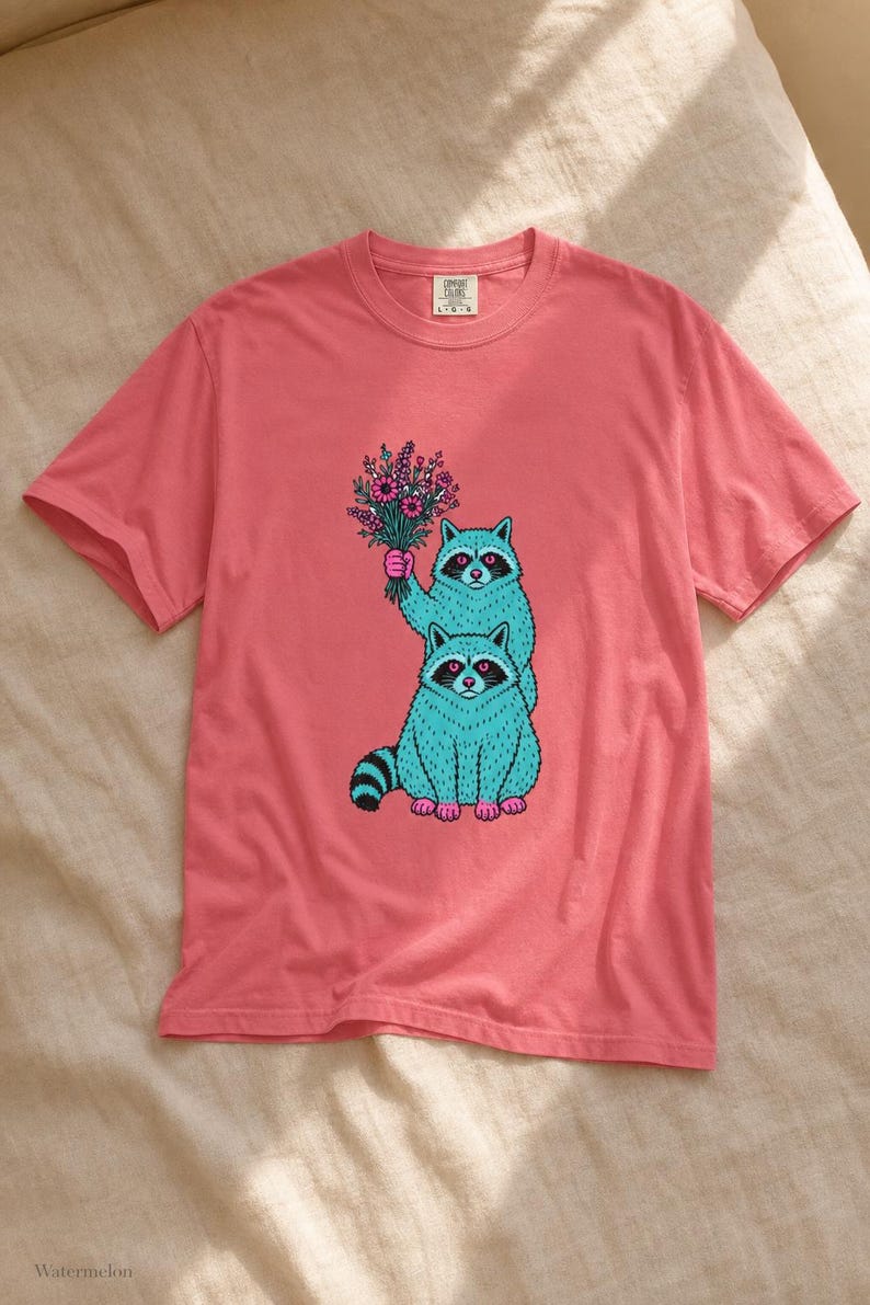 Two Raccoons Holding Wildflowers T-Shirt, Teal and Pink Riso Style Raccoon Tee, Cottagecore Animal Graphic Shirt, Soft Protest Gift image 15