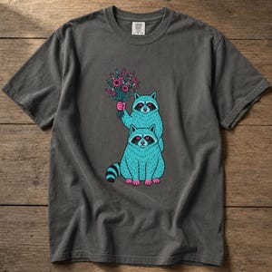 Two Raccoons Holding Wildflowers T-Shirt, Teal and Pink Riso Style Raccoon Tee, Cottagecore Animal Graphic Shirt, Soft Protest Gift image 12
