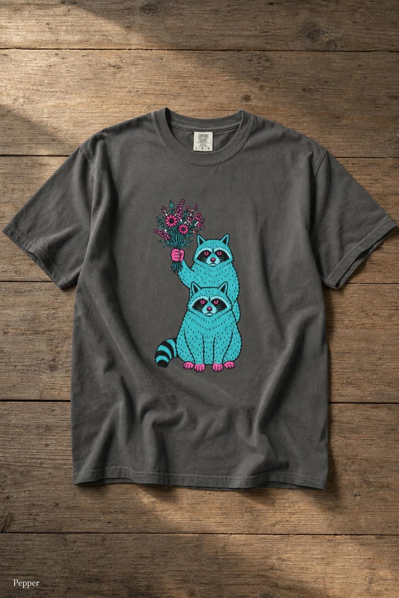 Two Raccoons Holding Wildflowers T-Shirt, Teal and Pink Riso Style Raccoon Tee, Cottagecore Animal Graphic Shirt, Soft Protest Gift image 12