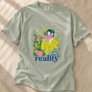 Reality VR Headset Garden T-Shirt Person in Yellow Jacket Among Daisies Hydrangeas and Peaches Botanical Graphic Tee image 5