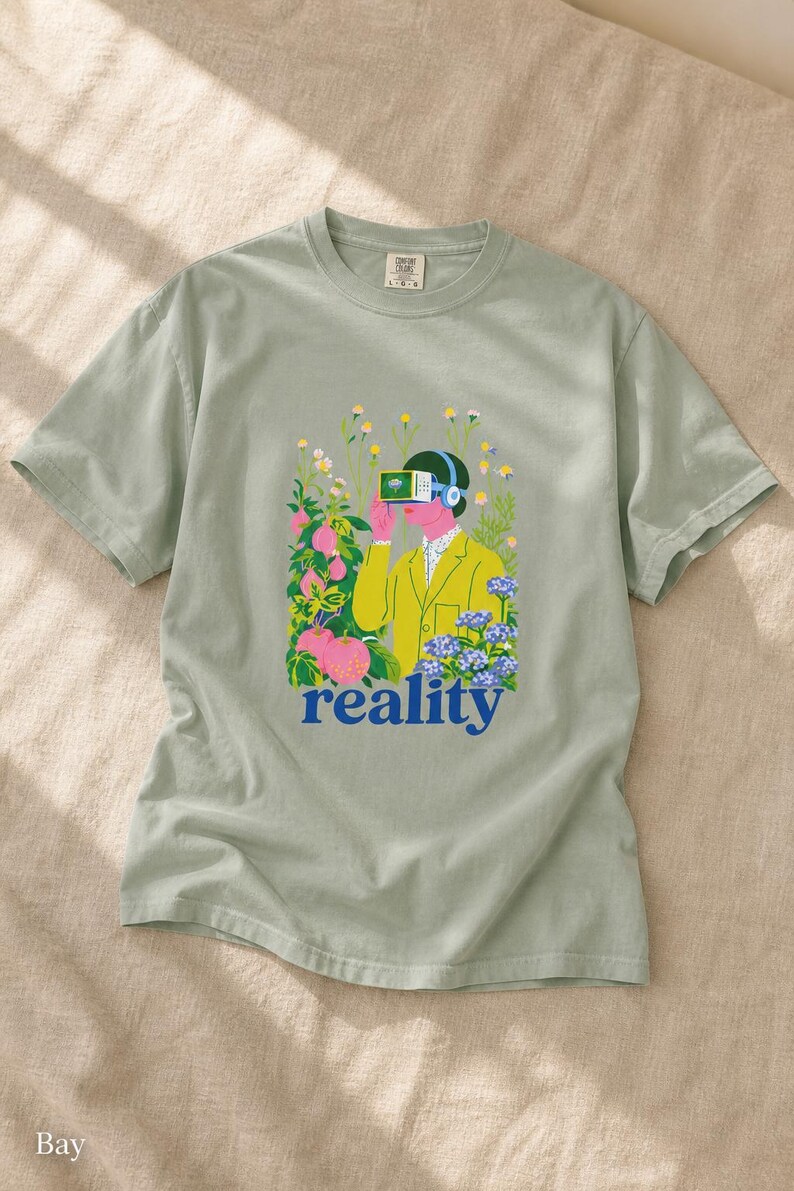 Reality VR Headset Garden T-Shirt Person in Yellow Jacket Among Daisies Hydrangeas and Peaches Botanical Graphic Tee image 5