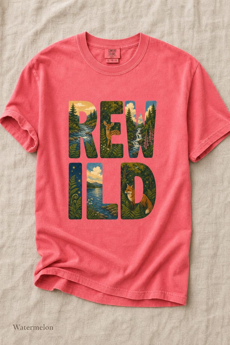 Camiseta con escena de naturaleza salvaje, camiseta con letras ilustradas con ciervo, zorro, bosque y río, camiseta de senderismo estilo cottagecore. imagen 14