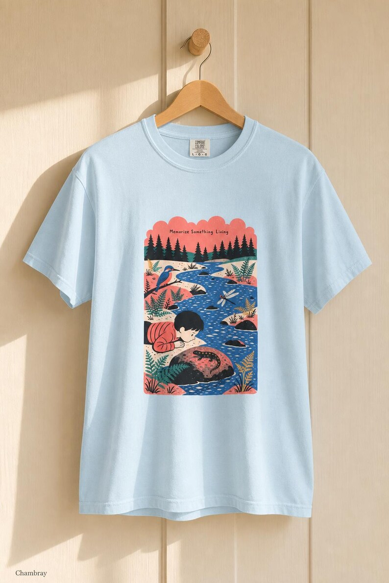 Memorize Something Living T-Shirt, Folk Illustration Tee with Child and Salamander at the Creek, Nature Lover Gift Bild 9