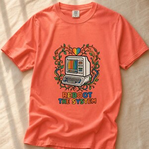 Reboot The System T-Shirt, Retro Computer with Vines and Rainbow Heart Tee, Vintage PC Graphic Cottagecore Tech Shirt image 11