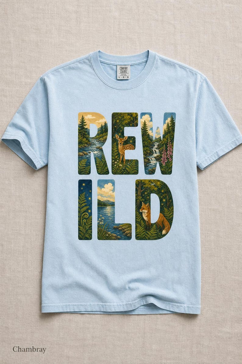 Camiseta con escena de naturaleza salvaje, camiseta con letras ilustradas con ciervo, zorro, bosque y río, camiseta de senderismo estilo cottagecore. imagen 8