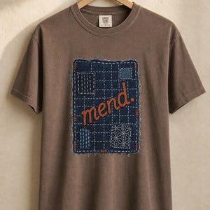 Mend Sashiko Boro Patch T-Shirt Visible Mending Embroidered Denim Look Slow Stitch Repair Graphic Tee Mutual Aid Gift image 17