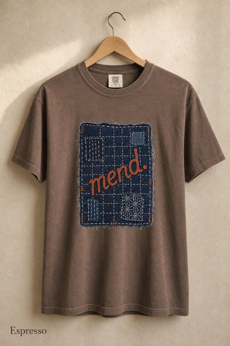 Mend Sashiko Boro Patch T-Shirt Visible Mending Embroidered Denim Look Slow Stitch Repair Graphic Tee Mutual Aid Gift image 17