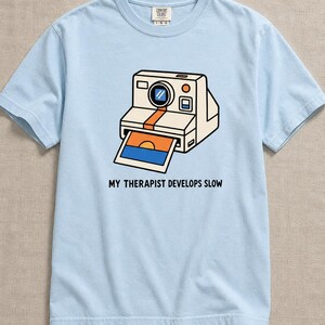 Retro Polaroid Camera T-Shirt, My Therapist Develops Slow, Vintage Instant Photo Tee, Film Photography Graphic Tee, Sunset Print image 8