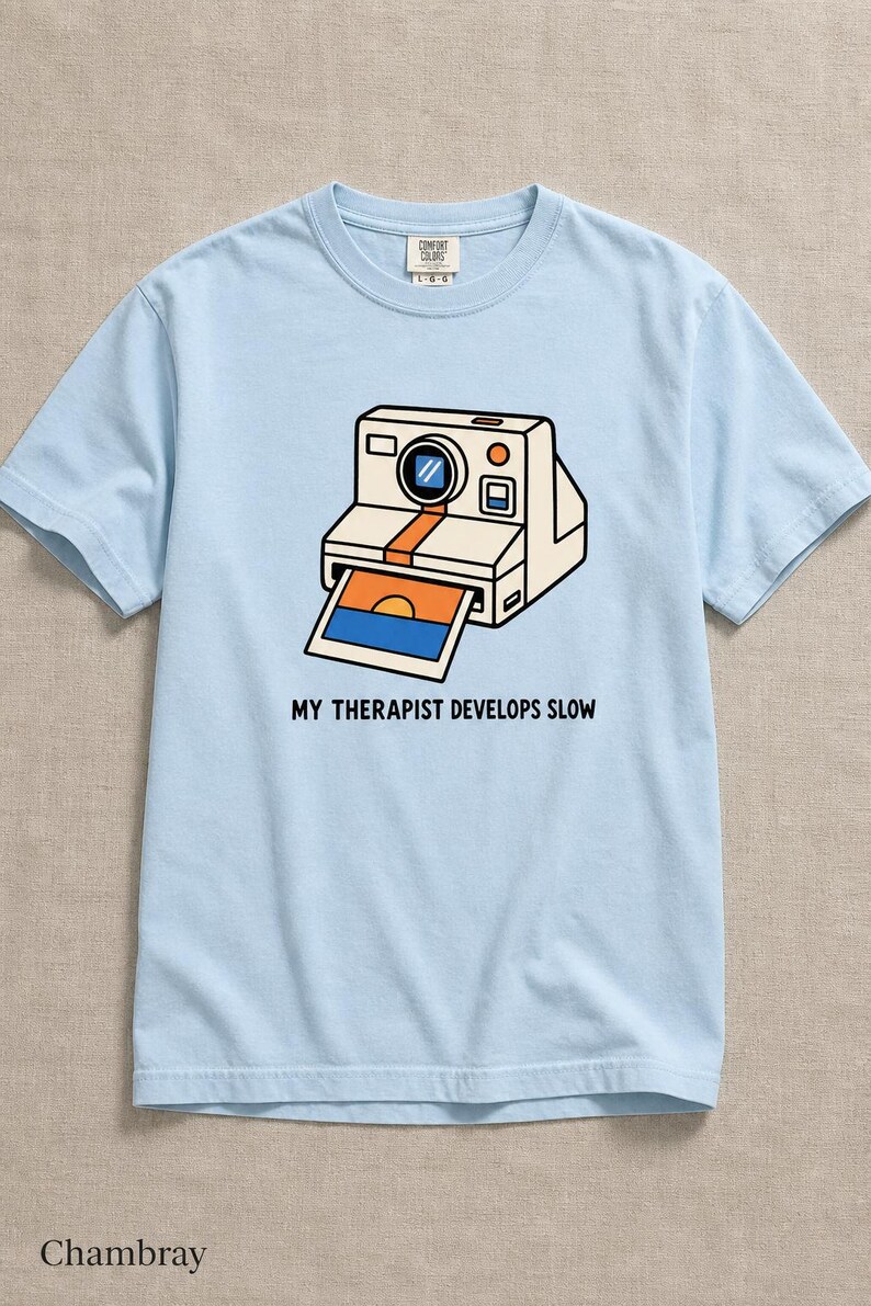 Retro Polaroid Camera T-Shirt, My Therapist Develops Slow, Vintage Instant Photo Tee, Film Photography Graphic Tee, Sunset Print image 8
