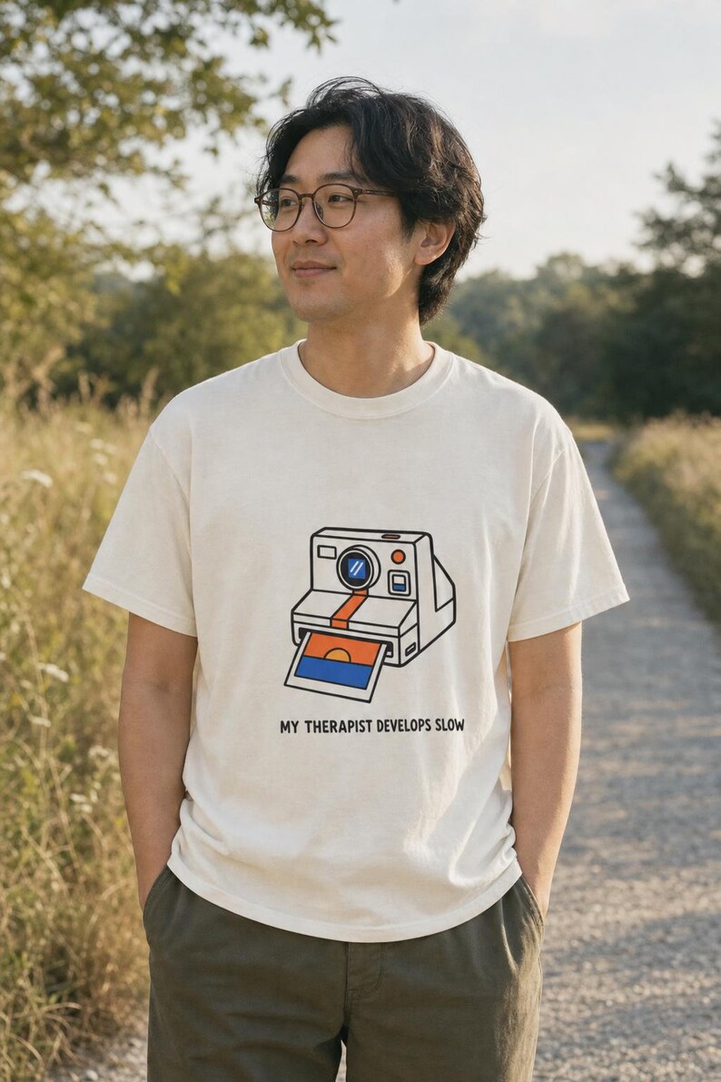 Retro Polaroid Camera T-Shirt, My Therapist Develops Slow, Vintage Instant Photo Tee, Film Photography Graphic Tee, Sunset Print image 2