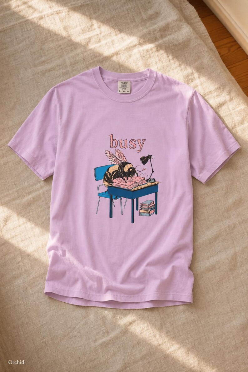 Busy Bee at Desk T-Shirt, Bumblebee Studying Illustration Tee, Bookish Cottagecore Graphic Shirt, Hard Worker Gift image 18