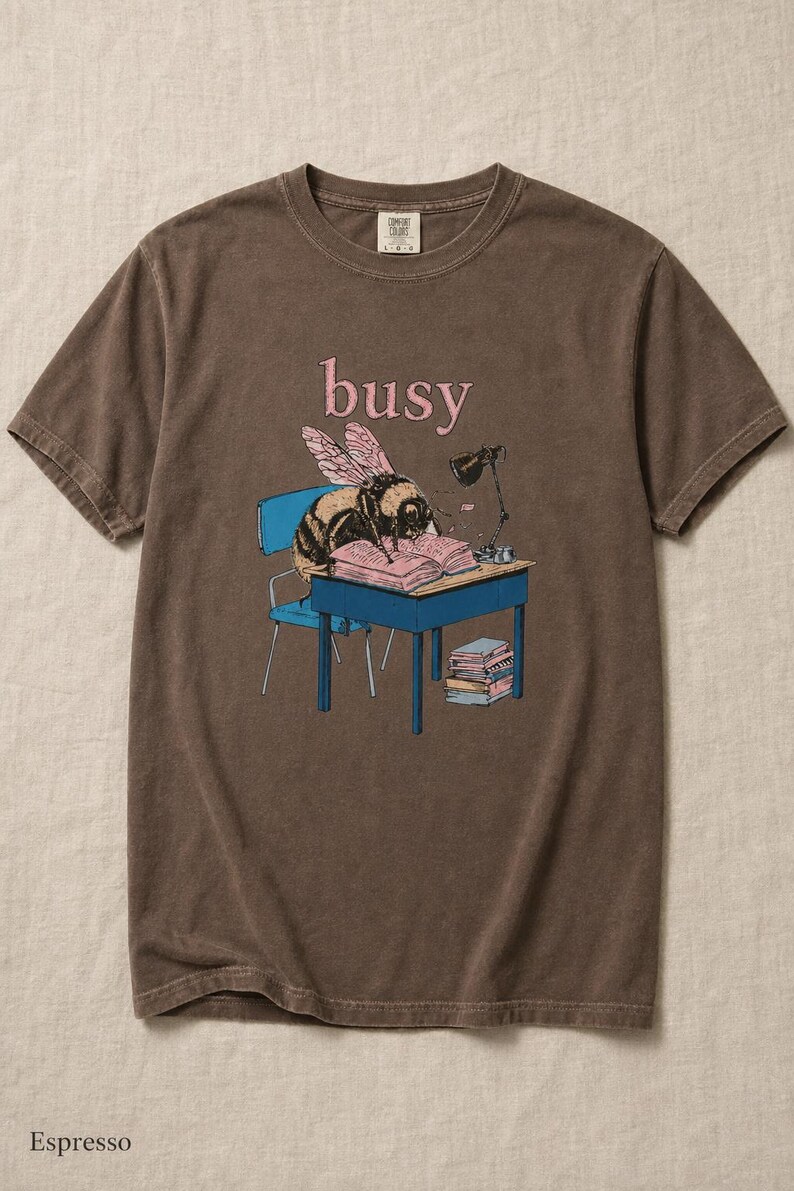 Busy Bee at Desk T-Shirt, Bumblebee Studying Illustration Tee, Bookish Cottagecore Graphic Shirt, Hard Worker Gift image 17