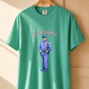 Re-imagine Police Officer T-Shirt Comic Style Cop Illustration Tee Community Reform Graphic Shirt Gift image 15