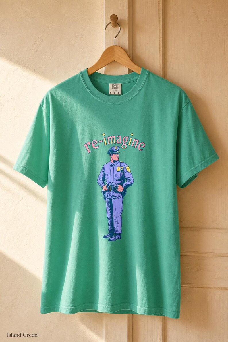 Re-imagine Police Officer T-Shirt Comic Style Cop Illustration Tee Community Reform Graphic Shirt Gift image 15