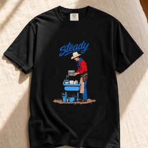 Steady Cowboy Washing Dishes T-Shirt, Mustached Ranch Hand at Blue Sink Graphic Tee, Quiet Work Western Shirt image 6
