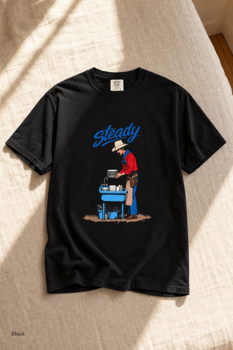 Steady Cowboy Washing Dishes T-Shirt, Mustached Ranch Hand at Blue Sink Graphic Tee, Quiet Work Western Shirt image 6