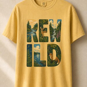 Camiseta con escena de naturaleza salvaje, camiseta con letras ilustradas con ciervo, zorro, bosque y río, camiseta de senderismo estilo cottagecore. imagen 11