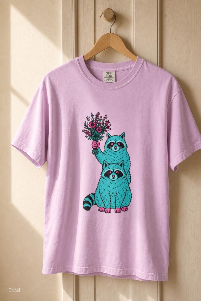 Two Raccoons Holding Wildflowers T-Shirt, Teal and Pink Riso Style Raccoon Tee, Cottagecore Animal Graphic Shirt, Soft Protest Gift image 18