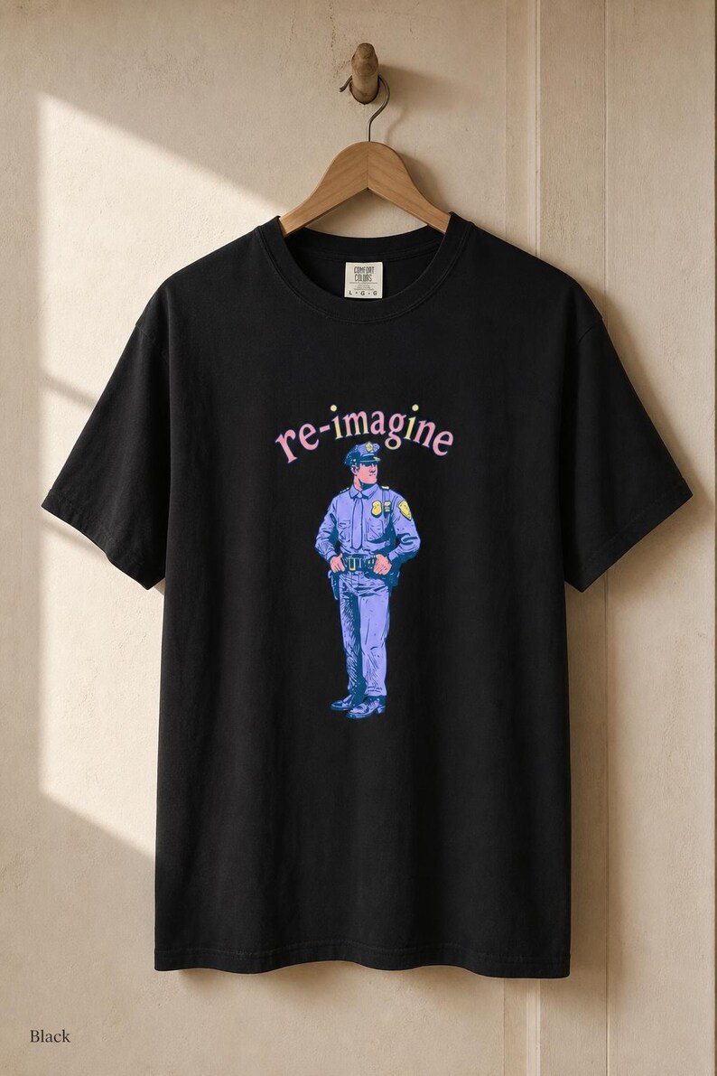Re-imagine Police Officer T-Shirt Comic Style Cop Illustration Tee Community Reform Graphic Shirt Gift image 6