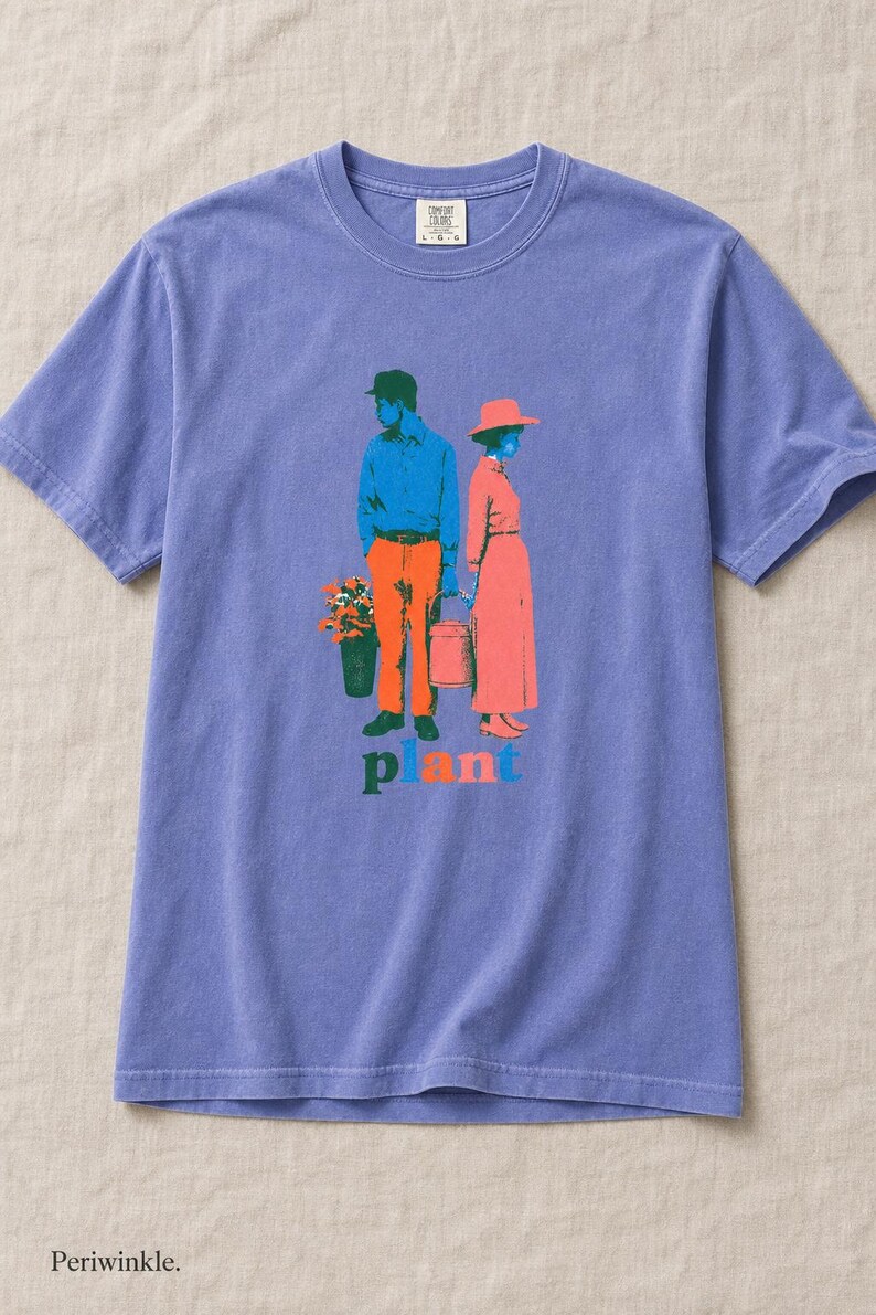 Plant Couple T-Shirt, Retro Screenprint Style Tee with Gardeners Holding Flowers and Watering Can, Cottage Garden Graphic Tee image 15