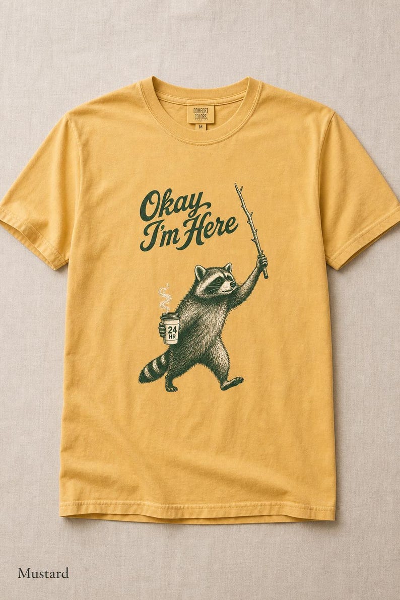 Okay I'm Here Raccoon T-Shirt, Stipple Raccoon with Coffee and Stick Graphic Tee, 24 Hour Gas Station Goblincore Shirt image 11