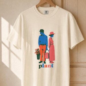 Plant Couple T-Shirt, Retro Screenprint Style Tee with Gardeners Holding Flowers and Watering Can, Cottage Garden Graphic Tee image 1